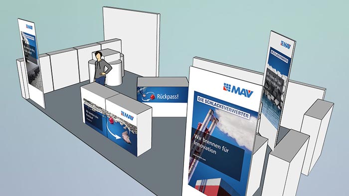 3D-Standzeichnung, Messekonzeption, Messeplanung, Messegestaltung bei der IFAT Messe von der MAV GmbH